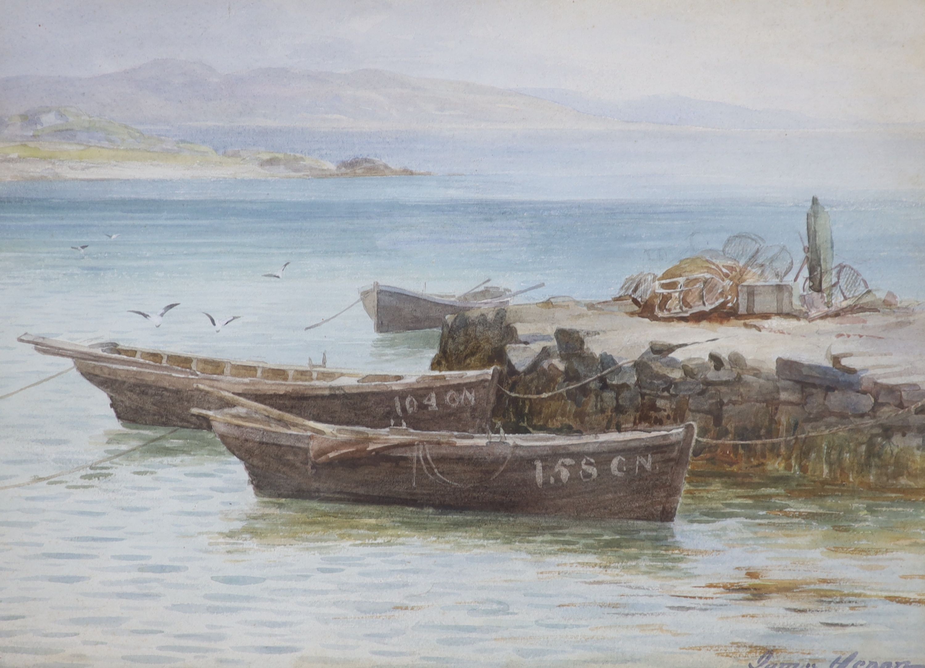 James Heron (1873-1919), watercolour, 'South Pier, Gigha, Kintyre', 27 x 37cm